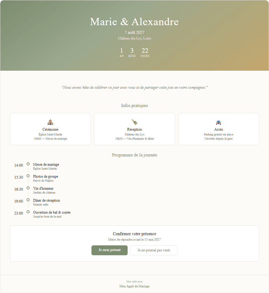Aperçu d'un site de mariage pour les invités avec photo et programme
